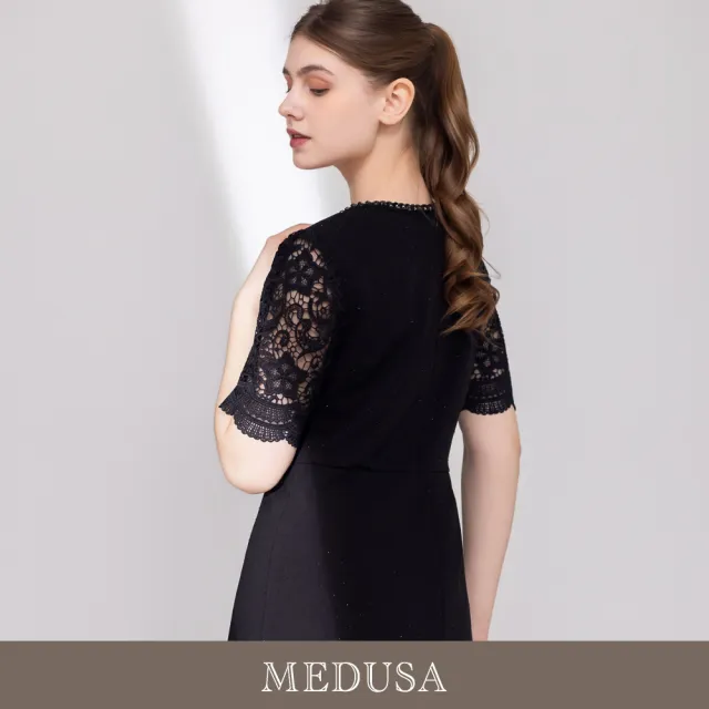 【MEDUSA 曼度莎】現貨-珠飾水鑽點點蕾絲袖法式小洋裝（M-XL）｜小禮服 婚宴洋裝 媽媽禮服