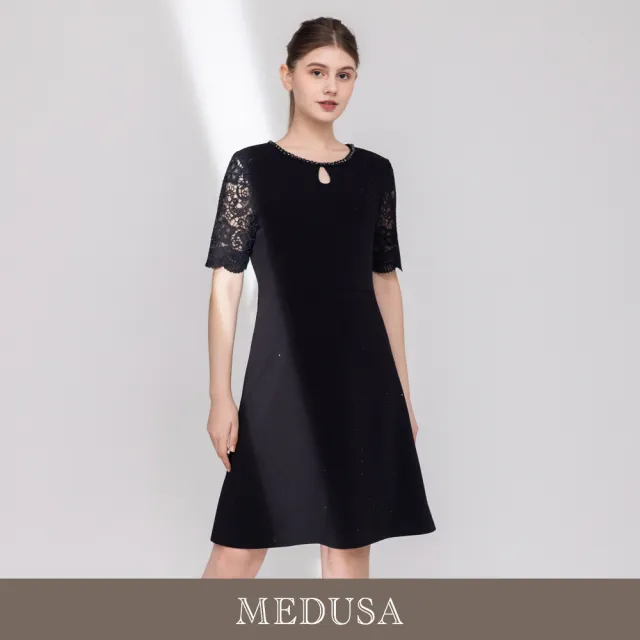 【MEDUSA 曼度莎】現貨-珠飾水鑽點點蕾絲袖法式小洋裝（M-XL）｜小禮服 婚宴洋裝 媽媽禮服