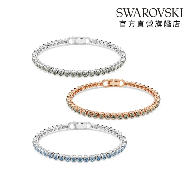 【SWAROVSKI 施華洛世奇】官方直營 Imber Emily Tennis 手鏈 圓形切割 黑色/藍色 鍍白金色/鍍玫瑰金色