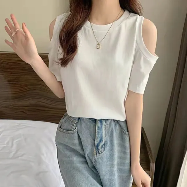 【Uicy】韓版顯瘦露肩短袖上衣 衣服女裝t恤短袖t恤上衣 T580