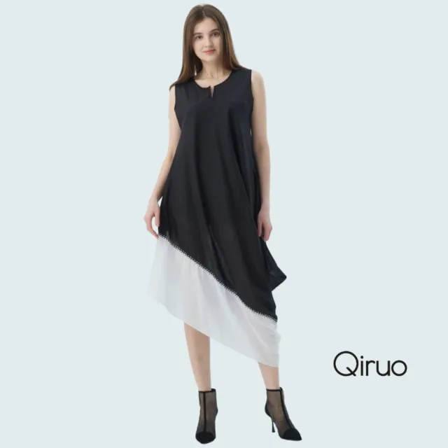 【Qiruo 奇若名品】春夏專櫃精品無袖休閒洋裝2490F 黑白斜設計