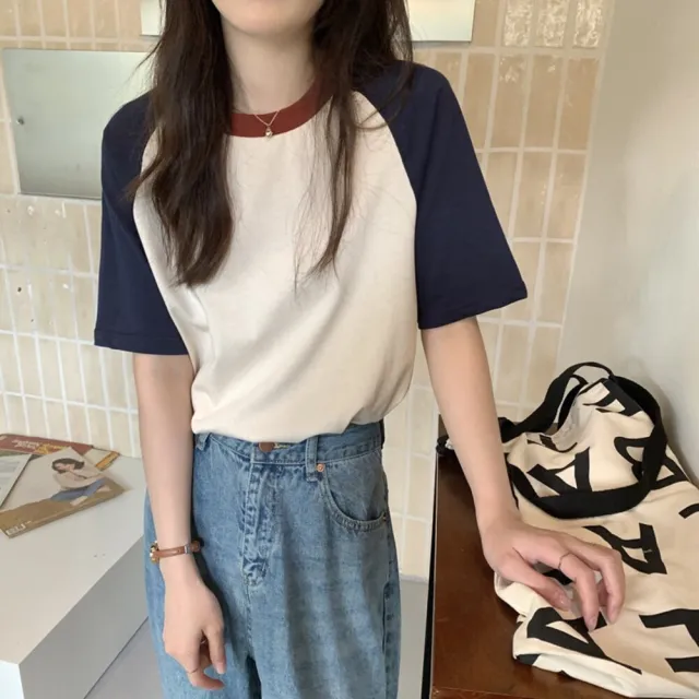 【Uicy】韓版簡約休閒寬鬆撞色短袖上衣 衣服女裝t恤短袖t恤 T501