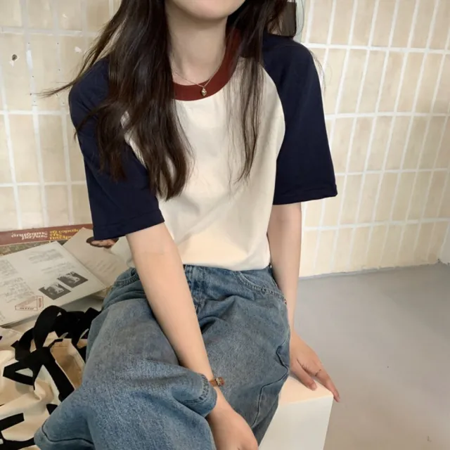 【Uicy】韓版簡約休閒寬鬆撞色短袖上衣 衣服女裝t恤短袖t恤 T501