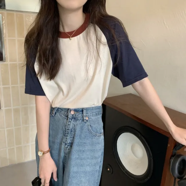 【Uicy】韓版簡約休閒寬鬆撞色短袖上衣 衣服女裝t恤短袖t恤 T501