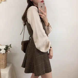 【Uicy】韓版復古襯衫格子連衣裙 裙子 褲裙 長裙 女裝S101