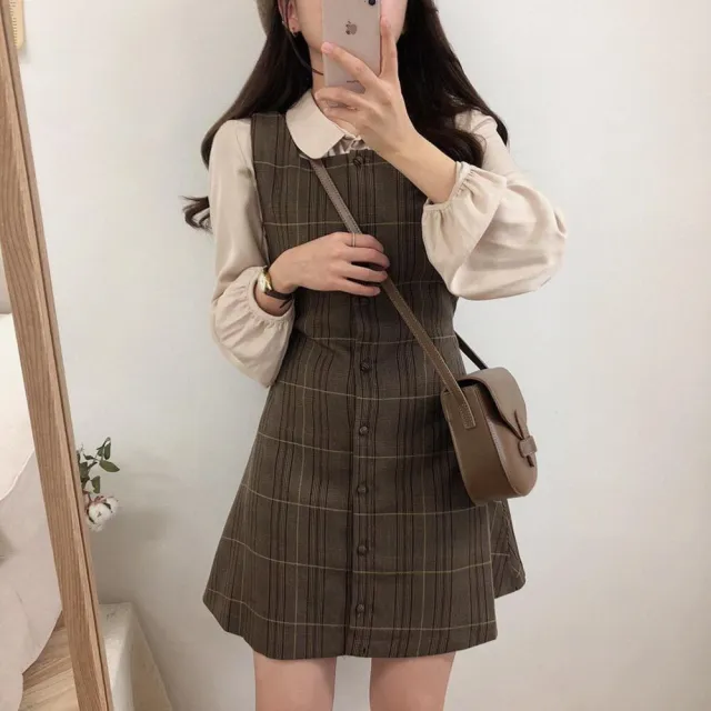 【Uicy】韓版復古襯衫格子連衣裙 裙子 褲裙 長裙 女裝S101