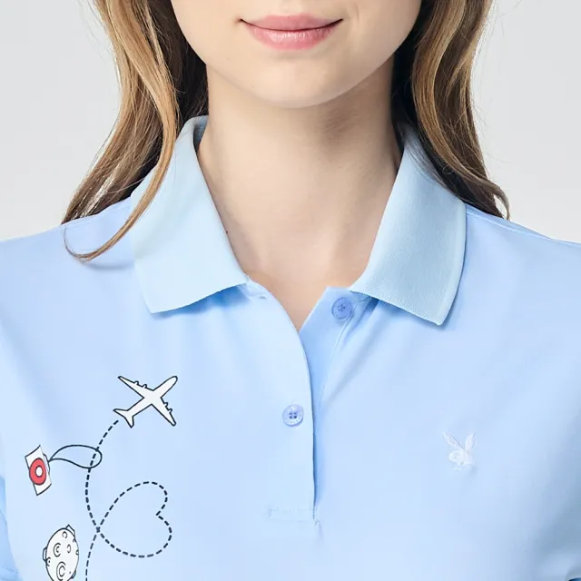 【PLAYBOY GOLF】女款旅行郵戳抗UV短袖POLO衫-藍(吸濕排汗/高爾夫球衫/KA26112-55)
