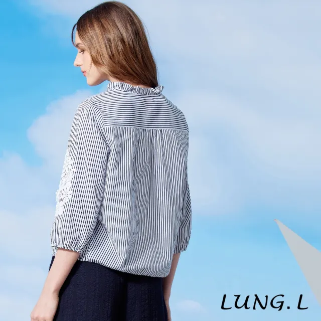 【LUNG.L 林佳樺】LW50A 藍白條紋拼接蕾絲七分袖女裝上衣(罩衫)