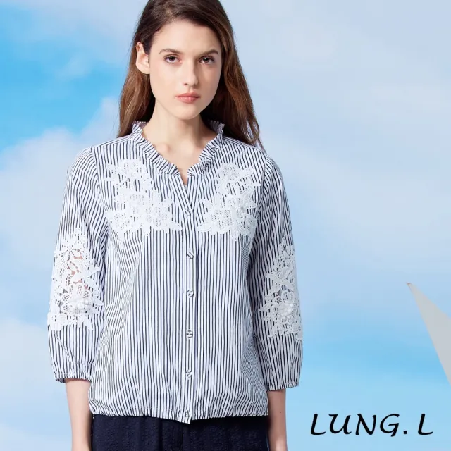 【LUNG.L 林佳樺】LW50A 藍白條紋拼接蕾絲七分袖女裝上衣(罩衫)