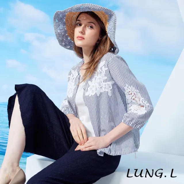 【LUNG.L 林佳樺】LW50A 藍白條紋拼接蕾絲七分袖女裝上衣(罩衫)