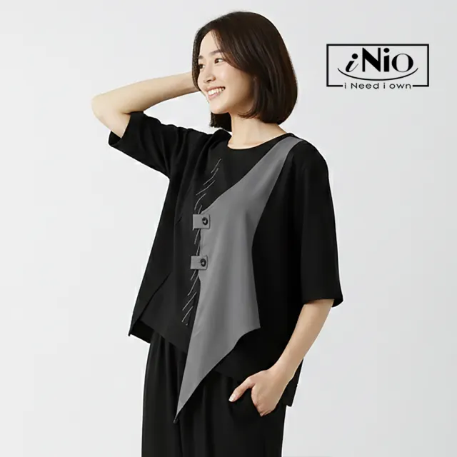 【iNio 衣著美學】撞色拼接個性風短袖上衣 立體拼接 不對稱下襬 輕落肩圓領短袖棉T CHW1027