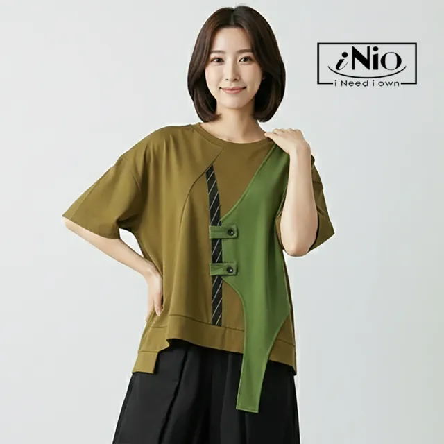 【iNio 衣著美學】撞色拼接個性風短袖上衣 立體拼接 不對稱下襬 輕落肩圓領短袖棉T CHW1027