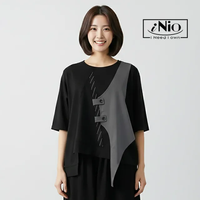 【iNio 衣著美學】撞色拼接個性風短袖上衣 立體拼接 不對稱下襬 輕落肩圓領短袖棉T CHW1027