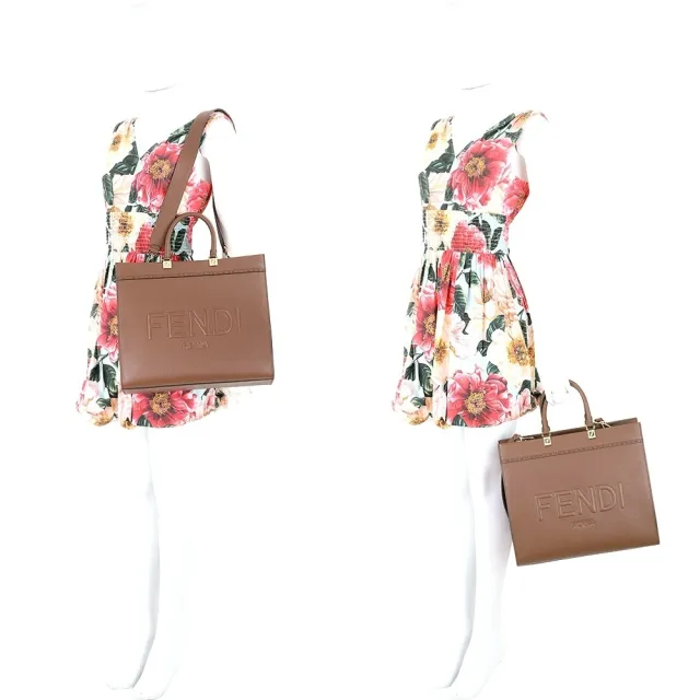 【FENDI 芬迪】Sunshine 牛皮浮雕字母提柄兩用托特包-M 棕色
