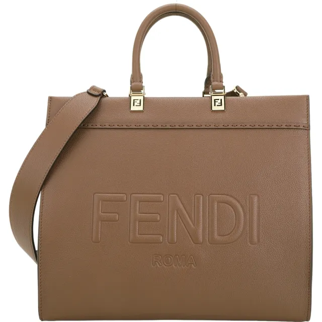 【FENDI 芬迪】Sunshine 牛皮浮雕字母提柄兩用托特包-M 棕色