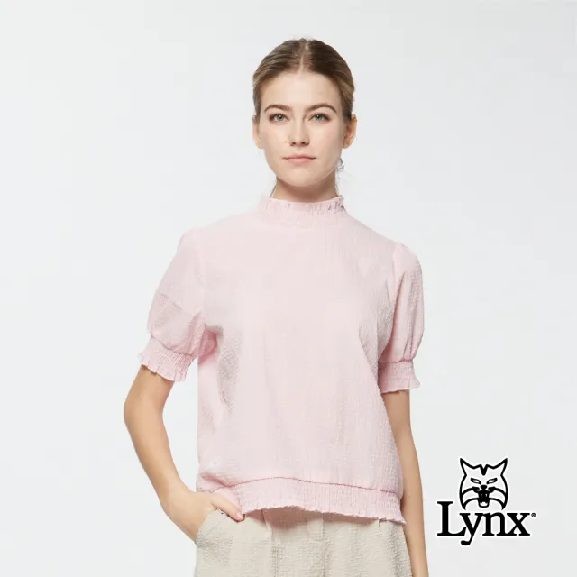 【Lynx Golf】首爾高桿風格！女款吸濕排汗泡泡紗面料寬鬆版立領短袖上衣(三色)