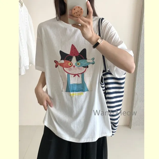 【Want-Meow】90公斤可穿/寬鬆可愛設計貓貓愛吃魚棉T大尺碼上衣大尺碼T恤大學T(大碼/大尺碼/加大碼)