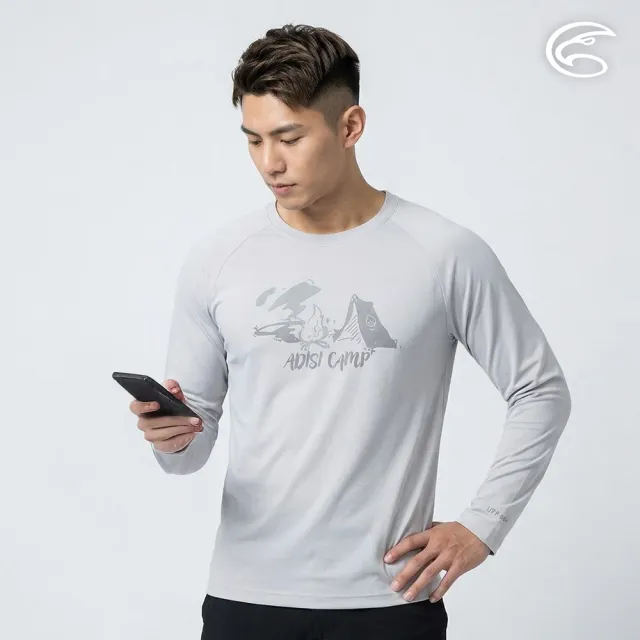 【ADISI】男UPF50+防曬抑菌圓領圖騰長袖排汗衣AL2611011 冷灰 S-2XL|抗UV 吸濕排汗 防臭 彈性 上衣