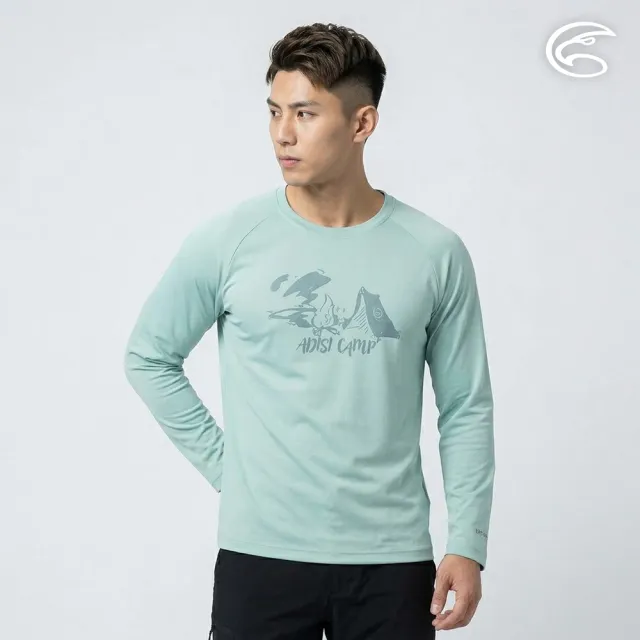 【ADISI】男UPF50+防曬抑菌圓領圖騰長袖排汗衣AL2611011 溫莎綠 S-2XL|抗UV 吸濕排汗 防臭 彈性 上衣
