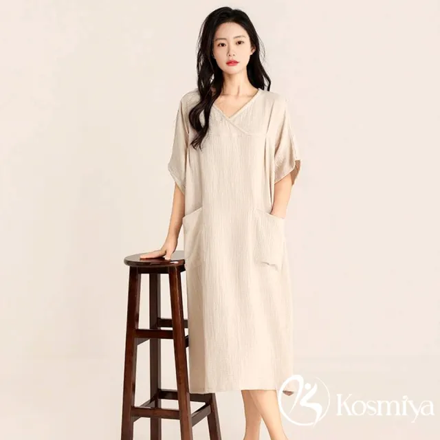 【Kosmiya】1套 專櫃級 純棉雙層紗 極簡寬鬆V領睡裙/女睡衣/涼感睡衣/連身裙/連身洋裝/洋裝(3色/均碼)