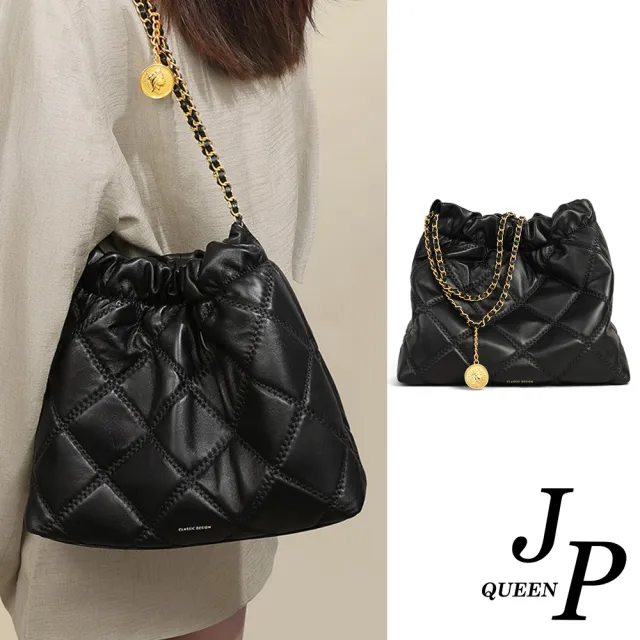 【Jpqueen】歐美菱格女神徽章圓幣鍊條真皮肩背包(黑色)