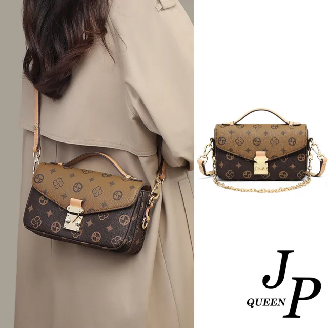 【Jpqueen】輕奢浪漫印花拼色鍊條高級單肩背包(咖啡色)