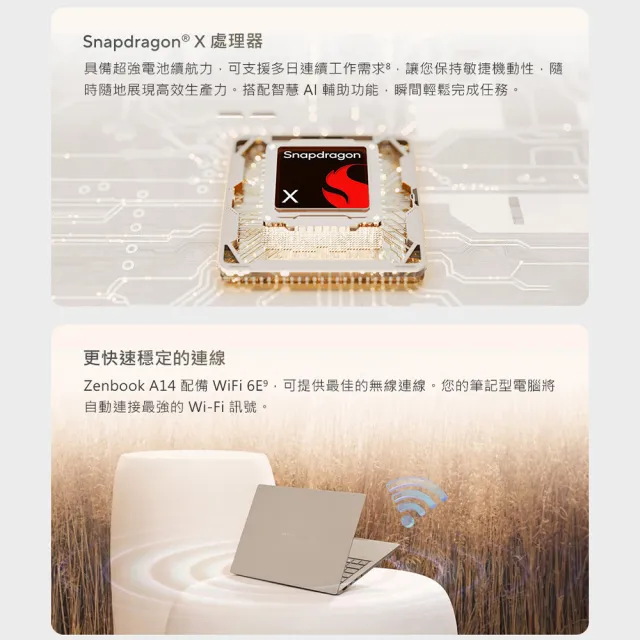 【ASUS 華碩】14吋 Copilot+PC AI筆電(Zenbook A14 UX3407NA/Snapdragon X2 Elite/16G/512G/W11)