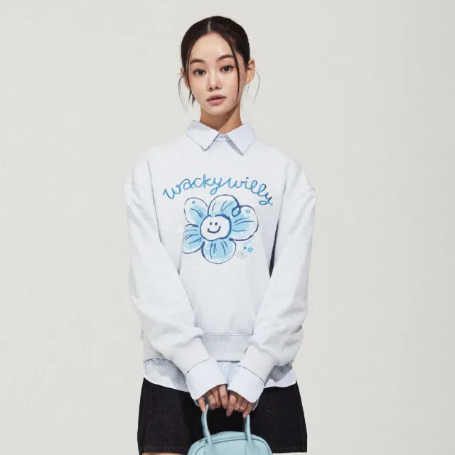 【Wacky WiLLY】官方旗艦館 女款大LILY圖案微寬鬆大學T(WMS圓領上衣 淺粉/燕麥/天藍色)