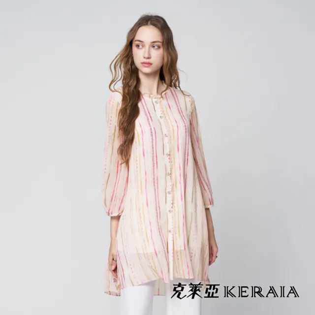 【KERAIA 克萊亞】魅力價-粉染輕語印花雪紡長罩衫
