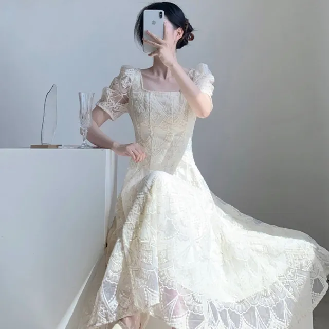 【米蘭精品】現貨限搶 洋裝連身長裙(法式溫柔風杏色刺繡歐根紗方領泡泡袖連衣女裙子74ef32)