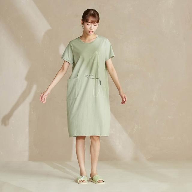 【YVONNE 以旺傢飾】長頸鹿網印短袖洋裝-亞麻綠
