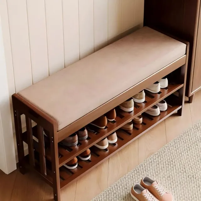 新中式楠竹換鞋凳鞋櫃（90x27x44cm 茶色 軟包坐墊 多層收納）