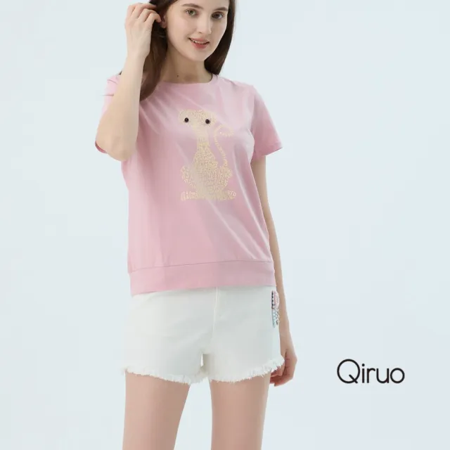 【Qiruo 奇若名品】春夏專櫃精品粉色短袖上衣4025A  貓咪女裝