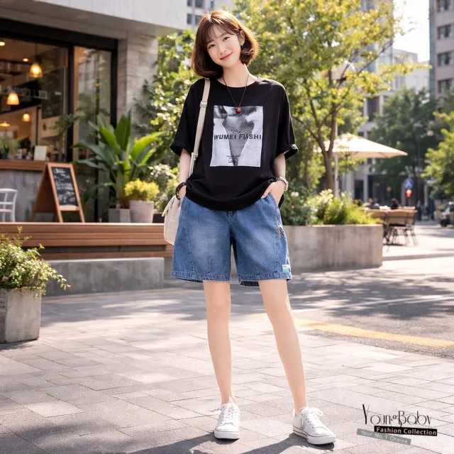【YOUNGBABY】小布標拼接牛仔百慕達高腰鬆緊短褲 中大尺碼女裝
