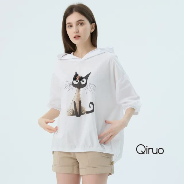 【Qiruo 奇若名品】專櫃精品白色貓咪女人短袖連帽上衣2516A  棉質女裝