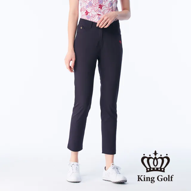 【KING GOLF】速達-網路限定款-女款蝴蝶繡花修身休閒長褲/高爾夫球褲-黑色