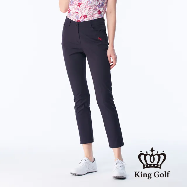 【KING GOLF】速達-網路限定款-女款蝴蝶繡花修身休閒長褲/高爾夫球褲-黑色
