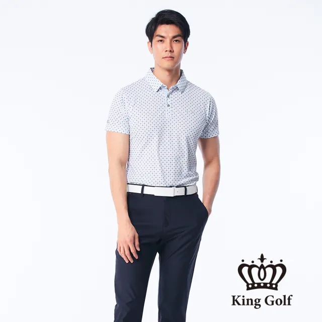 【KING GOLF】速達-網路限定款-男款水玉點點印花涼感短袖POLO衫/高爾夫球衫-藍色