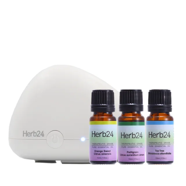 【草本24】Herb24 山石高頻負離子水氧機４件組｜甜橙、苦橙葉、茶樹各10ml (保固一年 香氛機 加濕器)