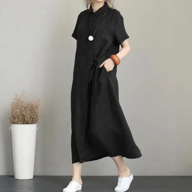 【米蘭精品】現貨出清 洋裝短袖連身裙大尺碼長裙連衣裙休閒女裝(棉麻寬鬆襯衫裙女裙子3色74kf26)