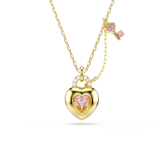【SWAROVSKI 施華洛世奇】官方直營 Idyllia 愛心鑰匙鏈墜 混合式切割 粉紅色 鍍金色色調 | 5737288