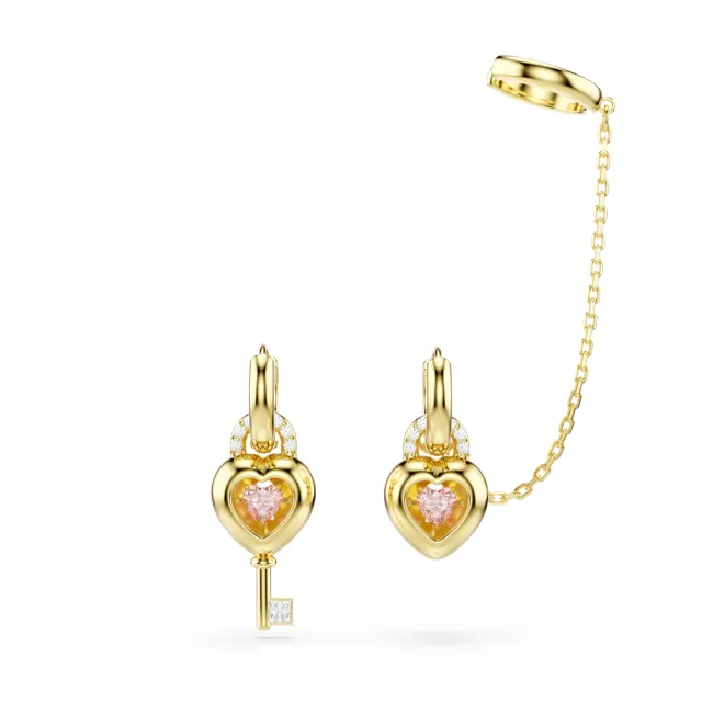 【SWAROVSKI 施華洛世奇】官方直營 Idyllia 愛心與鑰匙垂墜式耳環和耳骨夾 粉紅色 鍍金色色調 | 5737294