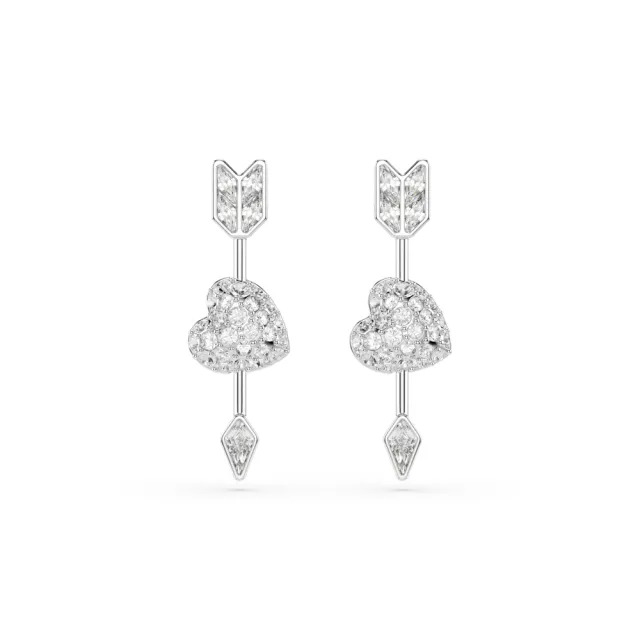【SWAROVSKI 施華洛世奇】官方直營 Idyllia 愛心與箭頭耳環 鍍白金色 愛神系列 | 5749602