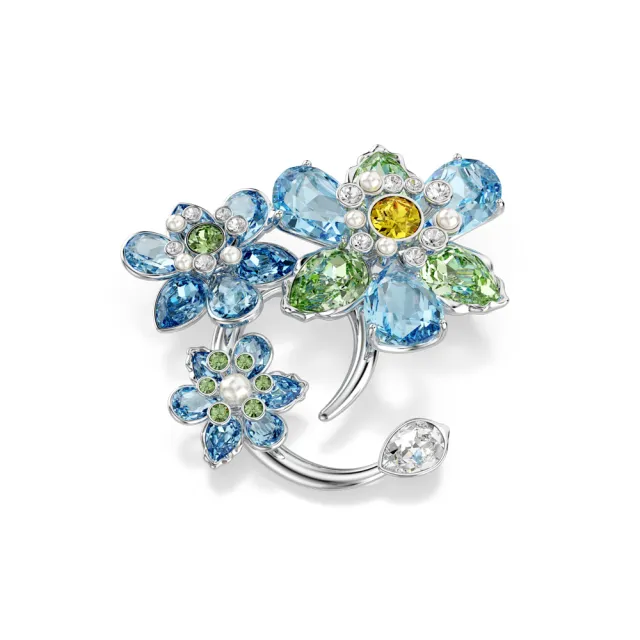 【SWAROVSKI 施華洛世奇】官方直營 Idyllia 胸針 混合式切割 花朵 藍色 鍍白金色 | 5722097