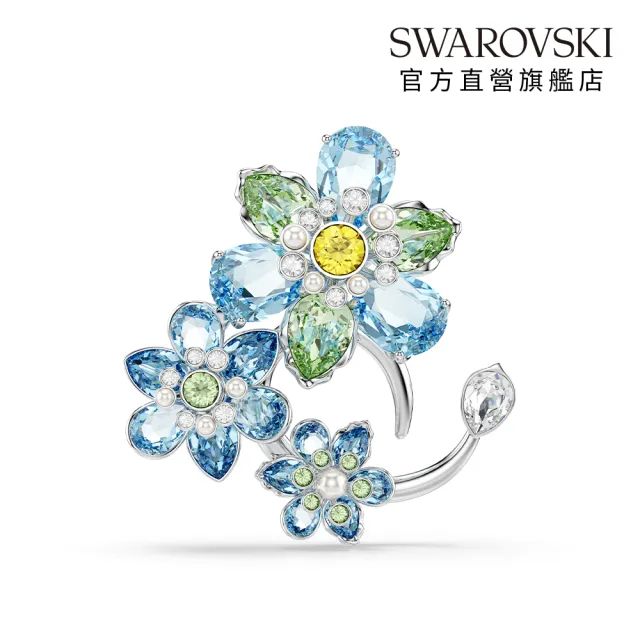 【SWAROVSKI 施華洛世奇】官方直營 Idyllia 胸針 混合式切割 花朵 藍色 鍍白金色 | 5722097