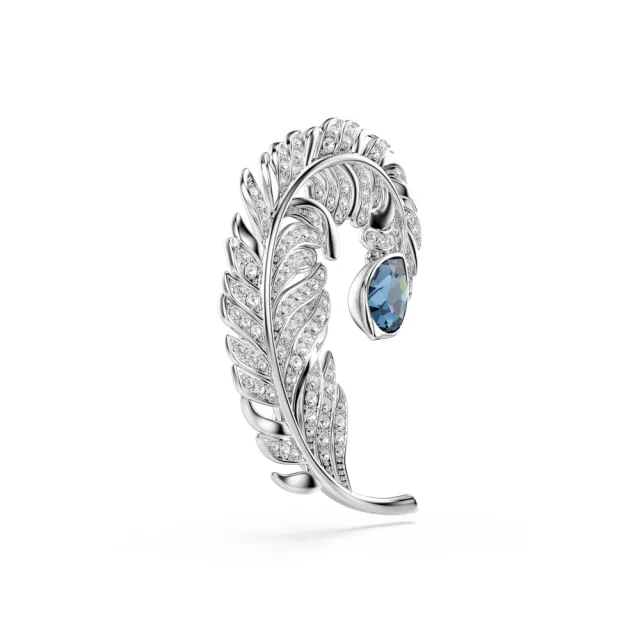 【SWAROVSKI 施華洛世奇】官方直營 Idyllia 胸針 混合式切割 羽毛 藍色 鍍白金色 | 5730360