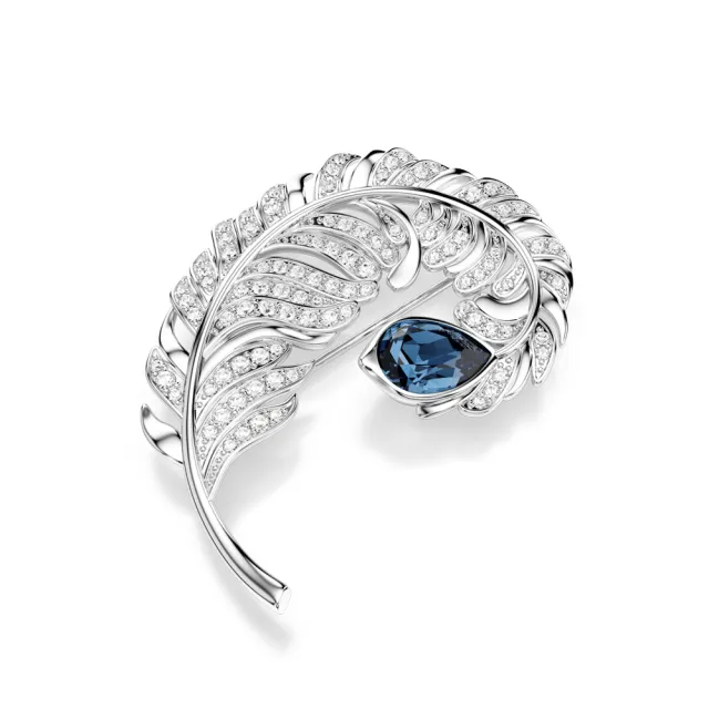 【SWAROVSKI 施華洛世奇】官方直營 Idyllia 胸針 混合式切割 羽毛 藍色 鍍白金色 | 5730360