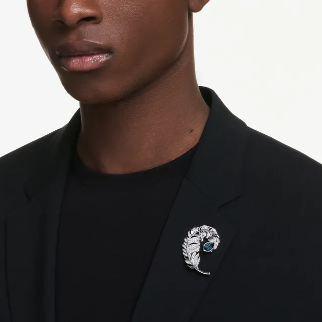【SWAROVSKI 施華洛世奇】官方直營 Idyllia 胸針 混合式切割 羽毛 藍色 鍍白金色 | 5730360