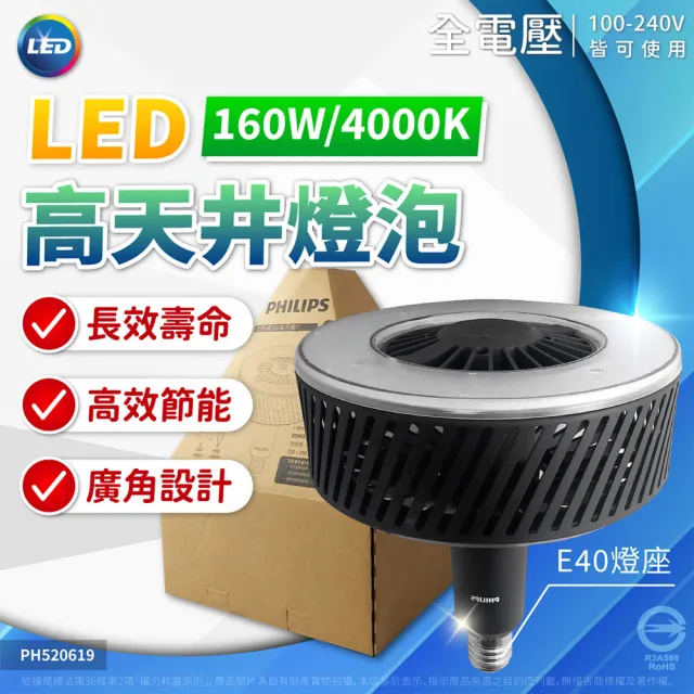 【Philips 飛利浦】1入組 LED 高天井燈泡 HID HB 160W WB E40(自然光 白光)