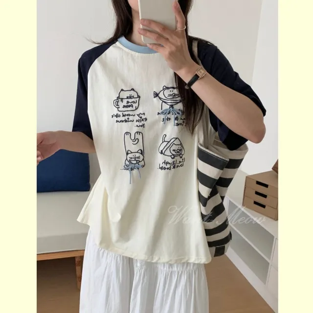 【Want-Meow】80公斤可穿/獨家短袖款立體娃娃插肩圖案寬鬆大學T上衣大碼T恤(大碼/大尺碼/加大碼)